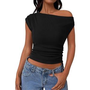 PRETTYGARDEN Womens 2025 Summer Off The Shoulder Crop Cute Tops Sleeveless One Shoulder Ruched Y2K Going Out Tank Top (Black, S)