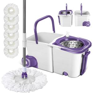 Midyb Spin Mop and Bucket Set, Mop and Bucket on Wheels, 360 Spinning Mop and Bucket with 6 Microfiber Pads, Separable Buckets, Spinner Mop Bucket Set for Hardwood, Tile, Laminate Floor Cleaning