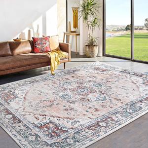 Topllen Ultra-Thin 5x7 Washable Vintage Area Rugs - Living Room,Non-Slip Backing Soft Velvet Rugs,Stain Resistant Washable Rug for Bedroom,Office,Home Decor Rug (Pink, 5'x7')