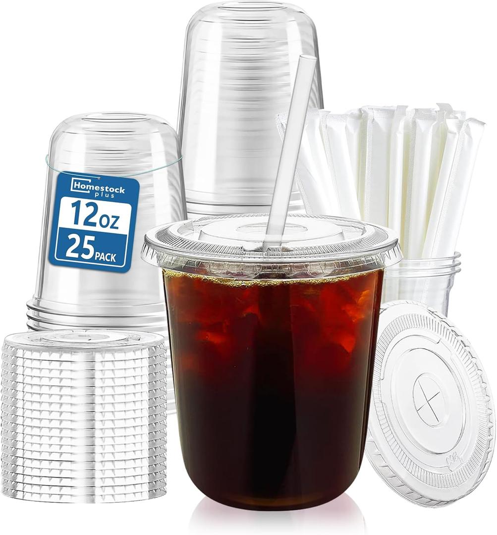 Homestockplus 25 Pack 12 oz Clear Plastic Cups with Lids and Straws, Leak-Proof Iced Coffee Cups BPA-Free Disposable To-Go Cups for Iced Coffee, Smoothies, Juice, Kids, Daily Use & Small Gatherings