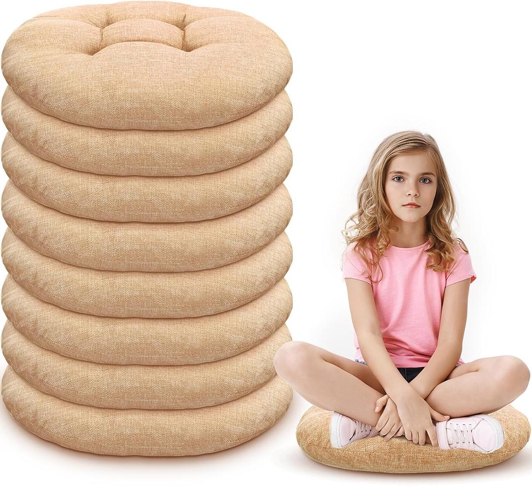 Fumete 8 Pcs 16 Inch Round Floor Cushions for Kids and Toddlers, Flexible Seating Classroom Furniture Floor Pillow for Home, Daycare, Preschool, Yoga and Meditation (Flax)