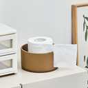 Brown Leather and Wood Textures Toilet Paper Holder Stand for Bathroom Countertop or Floating Shelves, Toilet Top Decorative Roll Organizer Mega Roll 5.5 Inches or Less, Free Standing Mega Roll Storage