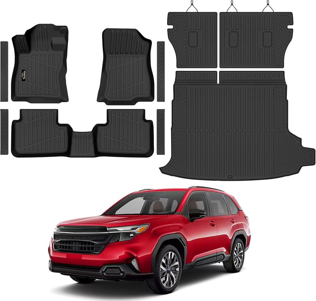Floor Mats & Cargo Mat & Backrest Mat Custom for Forester Hybrid 2025 2026 | Door Sill Guards, All Weather TPE Full Set Floor Liners Trunk Mat for Forester 2025 Plug-in Hybrid Accessories, Black