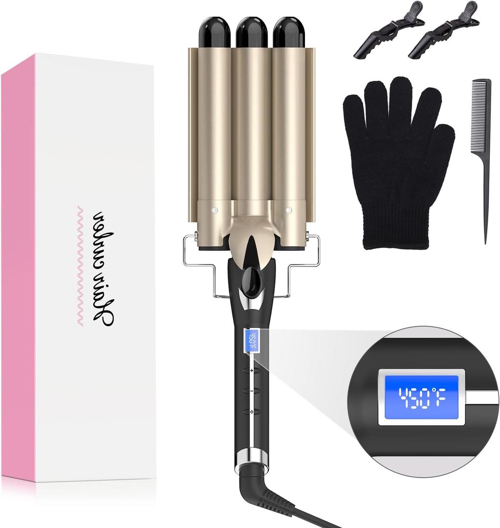 Hair Waver 3 Barrel 1 Inch for Classic Beach Waves, AIMERVO Crimper Tool for Women 15 Temp Settings from 170 to 450F, Tourmaline Ceramic Crimping Iron, PTC Heater Technology, 1 Hour Auto Shut-Off