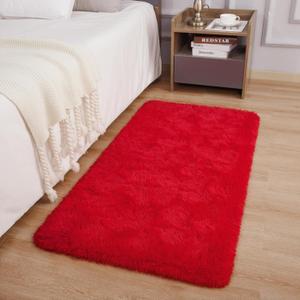 DETUM Red Rug 2x4 Feet - Fluffy Red Runner Rugs for Bedroom Shaggy 2' X 4' Living Room Rug Soft Rugs for Kids Room Non-Slip Nursery Office Dorm Washable Carpets Home Decor