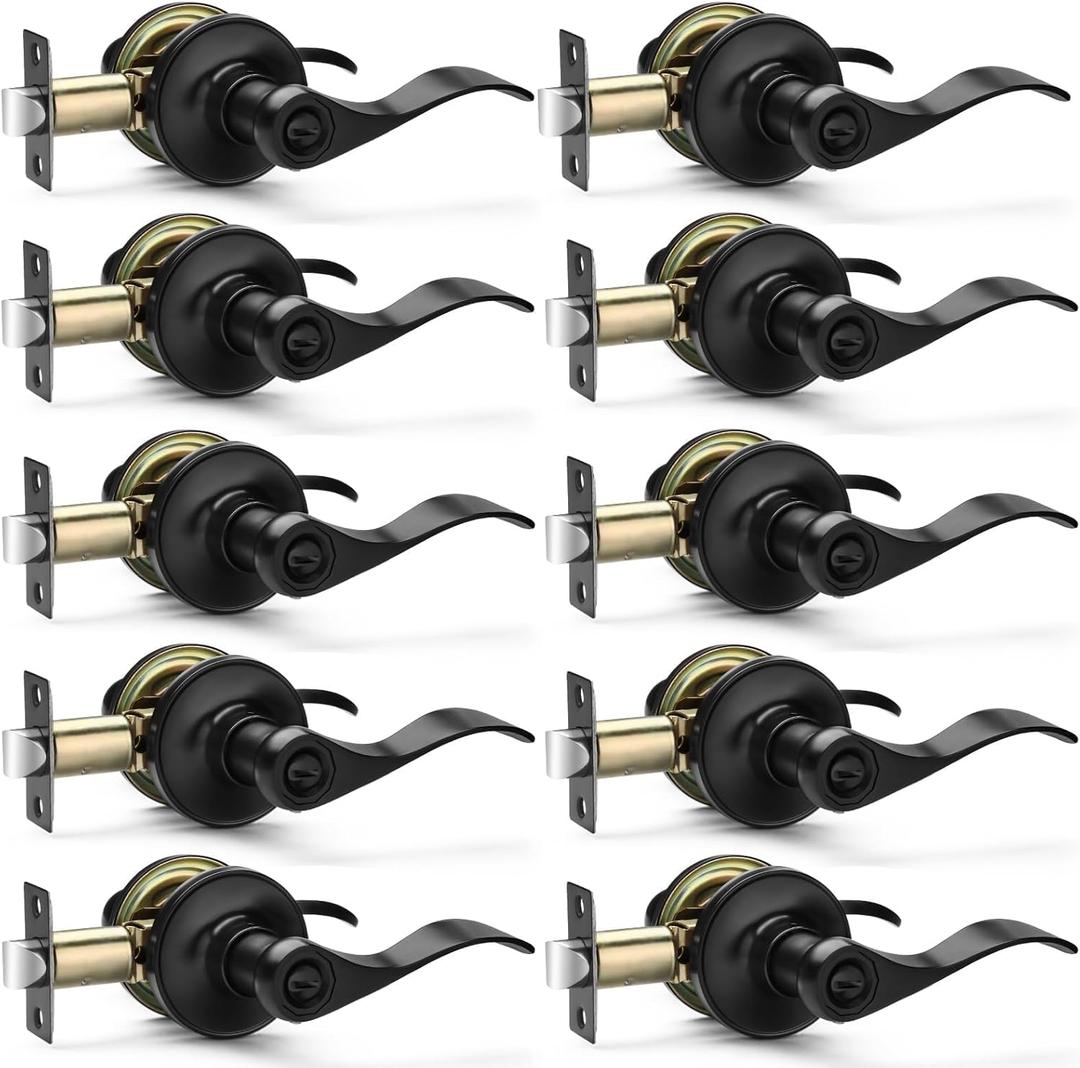 10 Pack Matte Black Door Handles Privacy Door Levers, Heavy Duty Bed and Bath Door Locks Interior Door Knobs, Reversible Keyless Wave Lever Door Handles