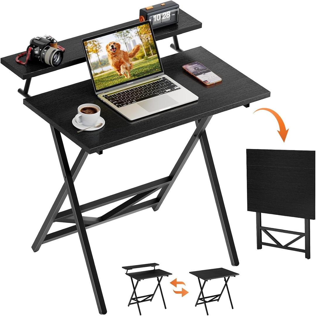 WOHOMO Folding Computer Desk with Adjustable Height, 23.6" x 31.5" x 25.6" Foldable Table with Monitor Stand, Small Office Desk for Bedroom, Space Saving Desk for Home Office, Easy Assemble, Black, 23.62"31.5"