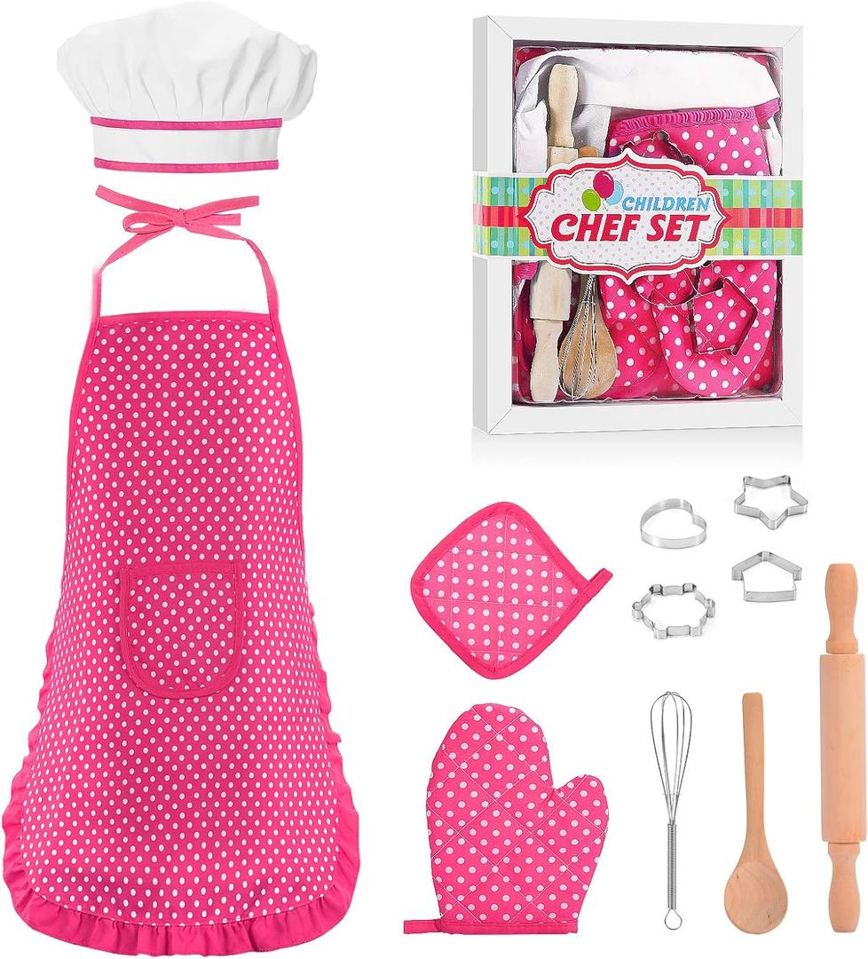 Toyze Popular Gifts for 2-8 Year Old Girls Boys, Chef Costume Set for Kids Apron for Girls Kids Chef Hat and Apron Toddler Cooking Toys Birthday Xmas Gifts for kids Stocking Stuffer for Toddlers Pink
