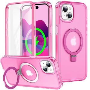 Turquiase for iPhone 15 Full Body Shockproof Case with Magnetic Invisible Stand [Compatible with MagSafe] Built-in Screen Protector Military Drop ProtectionTranslucent Phone Cover -Hot Pink