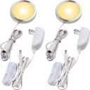 Single LED Kitchen Under Cabinet Puck Light, 120V Direct Wall Plug in Closet Cupboard Night Light, Easy to Mount, Inline On Off Switch, White Wires, 2 Packs, Warm White