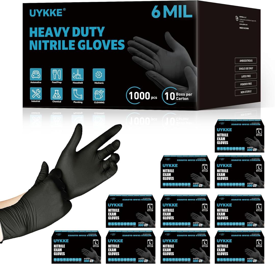 HEAVY DUTY 6 Mil Nitrile Black Gloves Disposable Latex Free Rubber Cleaning Mechanic Food Prep Tattoo Gloves 1000PCs (Large, Black-1000pcs(anti-slip Fingers))