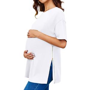 Women's Maternity Shirts Short Sleeve Sweatshirt Zipper Split Side Pregnancy Casual Tunic Top (XX-Large, White)