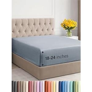 Extra Deep Twin XL Fitted Sheet - Hotel Luxury Single Fitted Sheet Only - Easily Fits 18 inch to 24 inch Mattress - Ultra Soft, Wrinkle Free w/Extra Deep Pockets - Breathable & Comfy - Heathered Blue