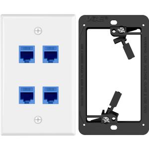 VCE UL Listed 4-Port Ethernet Wall Plate with Low Voltage Mounting Bracket, CAT6 RJ45 Wall Plate with Single Gang Bracket, Blue