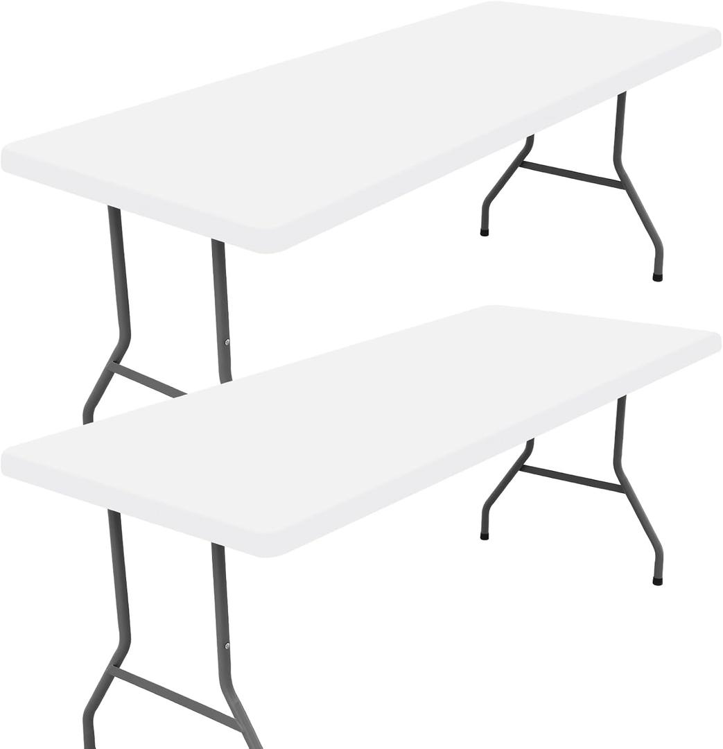 Moosfor Spandex 8 Foot Rectangle Table Cloth 2 Pack, Elastic Fitted Tablecloths for Picnic, Stretch Washable Patio Table Cover for Outdoor, Camping, Banquet and Parties (White, 36"x96")