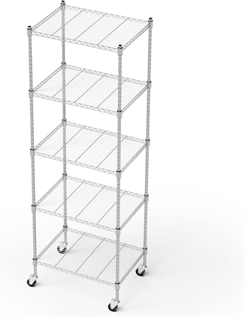 Garage Shelving with Wheels, 5 Tier Shelving Unit and Adjustable Feet, 865 lb High Capacity Rolling Storage Shelf for Kitchen, Office, Dining Room, Garage(23.6"x 17.7"x 72"), Chrome
