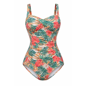 Itzel Women's Ruched Twist Front One Piece Swimsuit Tummy Control Push Up Vintage Retro Bathing Suits Red Flowers Green Leaf 12