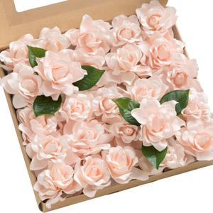 Ling's moment Flowers 25pcs Fake Gardenia Pink Flowers Artificial Flowers with Stem, Fake Flower for DIY Wedding Decorations Centerpieces Bouquets BoutonnieresFlores Artificiales para Decoracion (Pk-peach Cream)