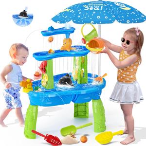 Water Table for Toddlers 3-5, 3-Tier Auto Water-Absorbing Kids Sand Water Table with Water Pump & Umbrella Splash Pond Toy, Activity Sensory Play Table Toys for Outdoor Pool Beach Backyard Summer (Blue & Green)