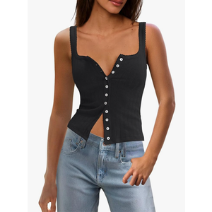 Panadila Womens Ribbed Square Neck Tank Top Summer Button Down Tanks Sleeveless Knit Tops Going Out Outfits S