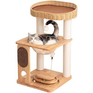 Wood Cat Tree for Large Cats, Modern Cat Tree Tower with Wide Shelves Cotton Scratching Posts, Super Sturdy Base, Cozy Perches, and Interactive Toys for Indoor Kittens 31-Inch