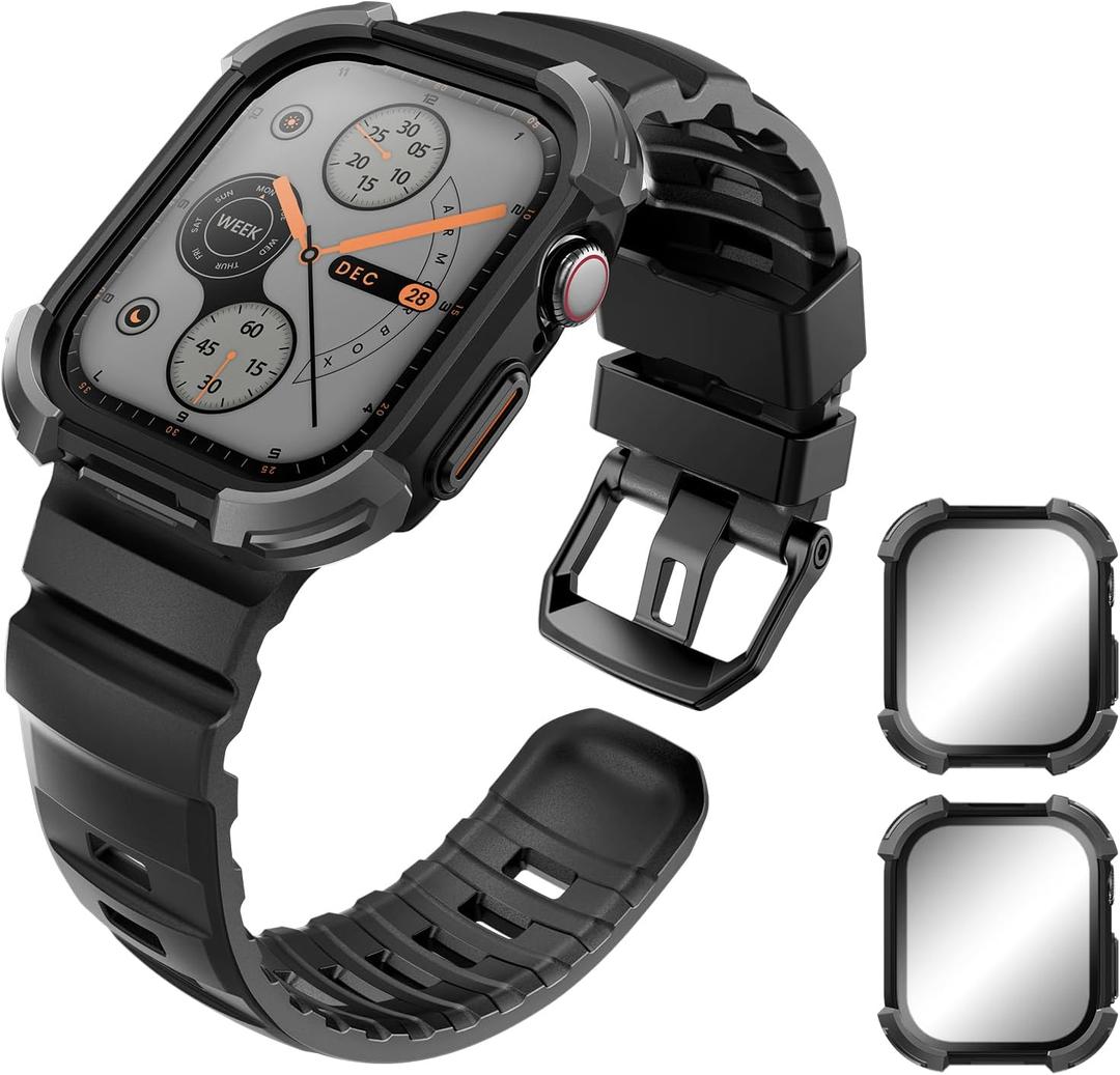 i-Blason for Apple Watch Series 11 band 10 band 46mm with 2 Cases [Built-in Tempered Glass Screen Protector], Sports Adjustable Silicone iWatch Band for Apple Watch Series 11 Series 10 [46mm], Black