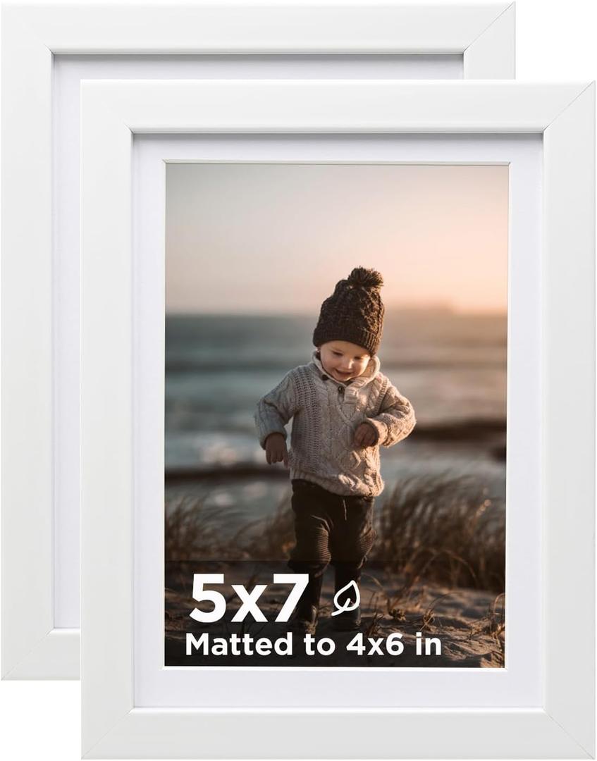 KINLINK 5x7 Picture Frame White Set of 2, Wooden Photo Frames Matted 4x6 with Plexiglass for 4x6 with Mat or 5x7 without Mat for Table and Wall Display