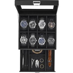 ProCase Watch Case, 8 Slot Mens Watch Box Holder Organizer with Glass Lid, 2-Layer Watches Display Case, Mens Jewelry Box with Drawer, Birthday Valentine Gifts for Men Women -8 Slot, Black