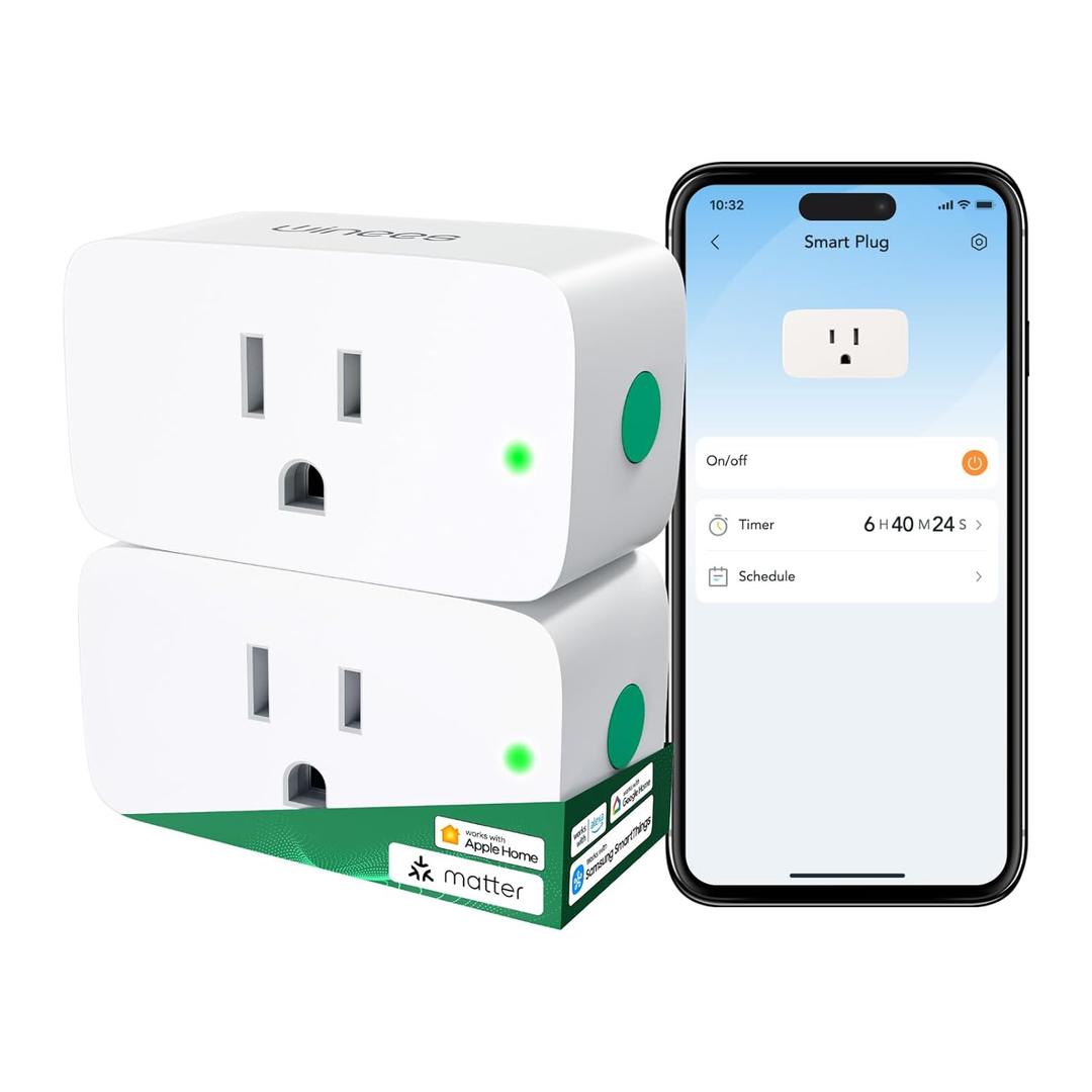 Winees Matter Smart Plug 2 Pack, Smart Outlet Work with Alexa, Apple Home, Google Home, SmartThings, 15A/1800W Max for Home Automation, APP Remote Control,Timer&Schedule, 2.4G Wi-Fi Only