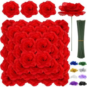 LELEE Rose Head Flowers with Stem - 108pcs Red Roses Artificial Flowers Bulk - Silk Rose Fake Flower for Wedding Bouquet Party Home Decor DIY Baby Shower Centerpieces Tables Decoration