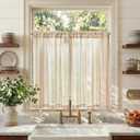 jinchan Linen Kitchen Curtains Striped Tier Curtains 36 Inch Farmhouse Small Drapes Balanced Stripe Half Window Light Filtering for Bathroom Laundry 2 Panels Tan on Linen