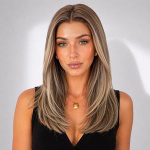 KOME Brown Highlight Human Hair Wig Blend, Brown Highlight Lace Front Wig, T Part Glueless Wigs for Women Daily Use 18IN（#TT6/1665）