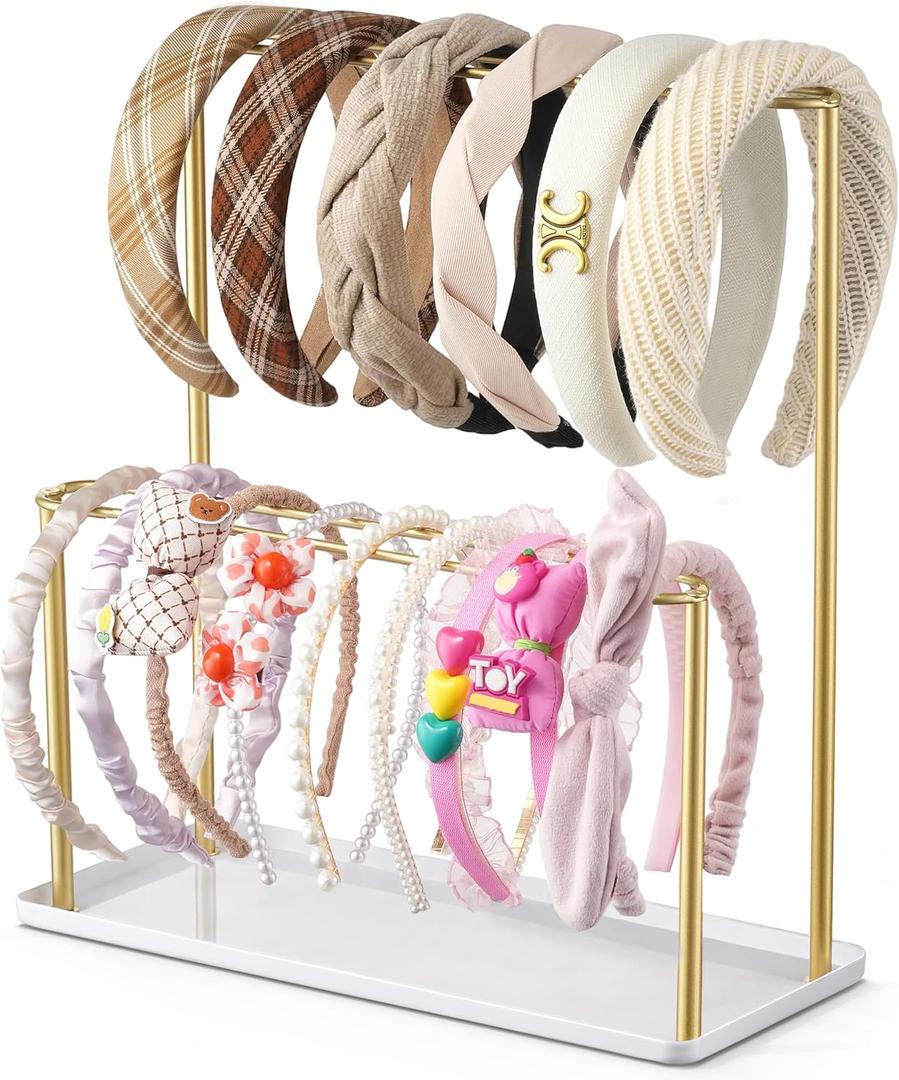 Headband Holder Organizer Metal 2-Tier with Tray: Hair Accessories Display Stand Storage Hairband Rack Necklace Stand Home Bedroom for Girls Women, Gold