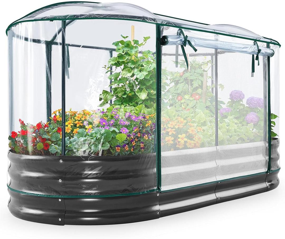 KING BIRD Raised Garden Bed with Cover Galvanized Oval Planter Garden Box Outdoor for Gardening, Vegetables, Flowers 71x36x12 in, White