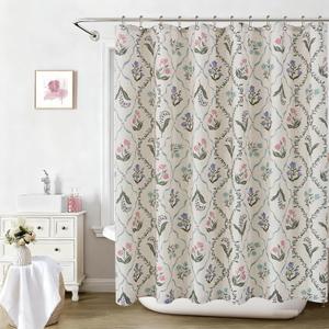 ORTIGIA Floral Shower Curtain Heavy Blend Linen Fabric, Green & Red Diamond Lattice Floral Pattern, Block Print Design Bathroom Curtain, 72x72 Shower Curtain, Includes 12 Metal Hooks.
