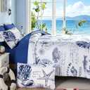 Coastal King Comforter Set 7 Piece, Soft Beach Themed Comforter, Summer Ocean Nautical Bed in a Bag Blue Bedding Sets for All Season 104''x90''