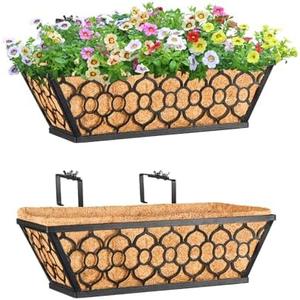 Riare 2 Pack 16 Inch Window Boxes Planters with Coco Liner, Metal Deck Railing Planter Boxes, Balcony Planters Railing Hanging, Horse Trough Window Flower Planter Boxes for Outdoor Porch Fence Patio