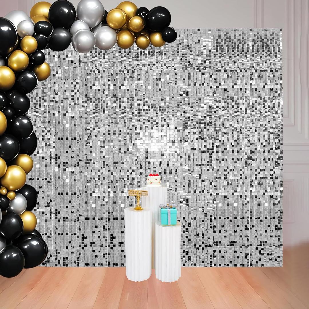 8x8 FT Silver Shimmer Wall Backdrop for Party Decoration - 64 Pcs Square Sequin Backdrop Panels for Birthday, Disco, Engagements, Graduations Decor
