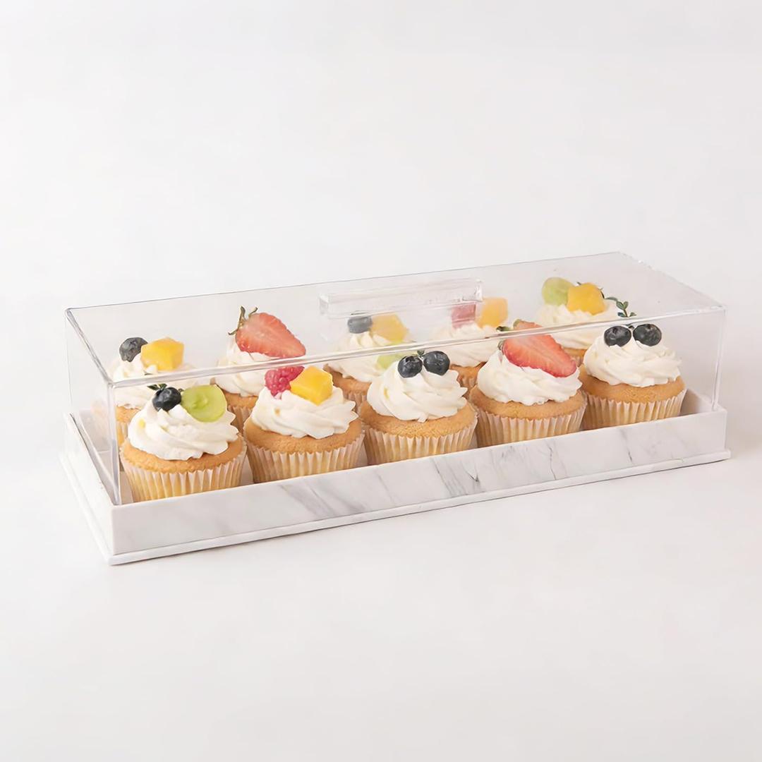 Rectangle Cake Tray with Lids, 14 in Clear Pastry Display Case, White Marbleized Grain Rectangular Cake Stand Acrylic Cake Holder, Cookie Serving Tray Dessert Holder for Party Home Dining