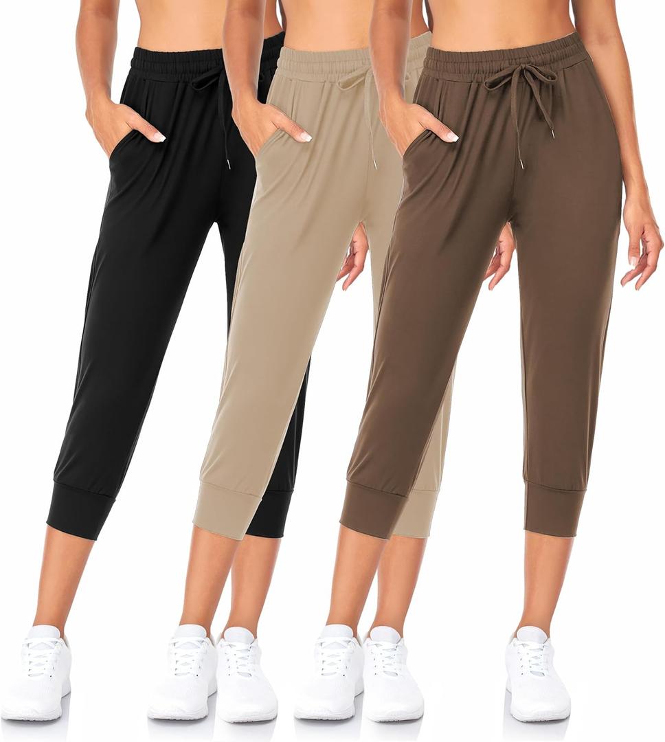 3 Pack Sweatpants for Women-Womens Joggers with Pockets Athletic Leggings for Workout Yoga Running (Small, Capri-black,coca Moncha,light Khaki)
