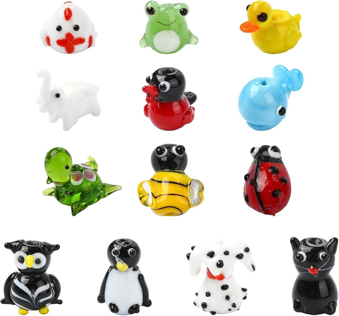 LiQunSweet 13 pcs 13 Styles Animal Lampwork Beads Frog Penguin Cat Dog Ladybug Bee Dolphin Glass Beads for DIY Jewelry Bracelet Necklace Earring Crafts Bag Keychain Embellishments