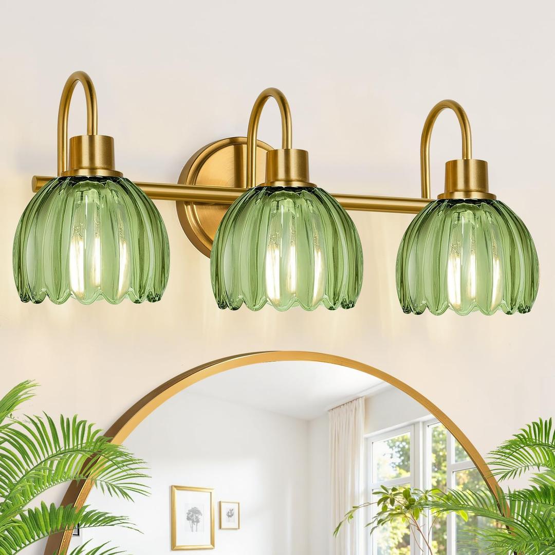 Bathroom Light Fixtures (3-Light, 20 in), Brushed Gold Vanity Lights for Bathroom with Ribbed Green Tulip Glass Shade, Vintage Vanity Wall Lights for Mirror Bedroom Living Room Hallway