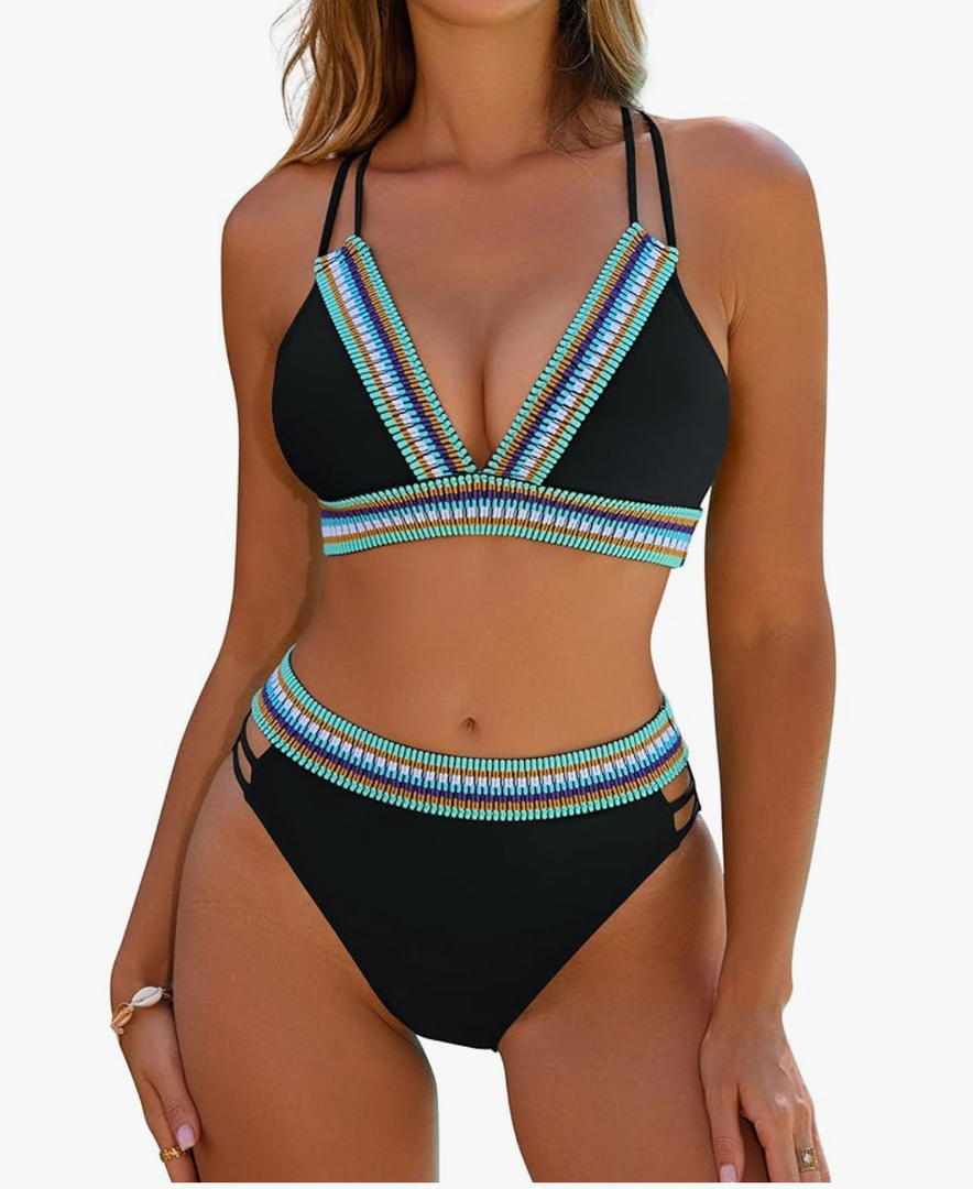 Blooming Jelly Womens High Waisted Bikini Sets Color Block Two Piece Swimsuit V Neck Crisscross Back Bathing Suit,Medium