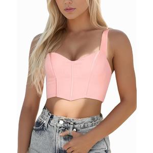 Women Summer Tube Tank Tops V Neck Sleeveless Backless Sexy Boned Bustier Y2k Mesh Corset Crop Top M Pink