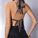 Verdusa Women's Y2k Tops Satin Rave Club Lace Halter Top Tie Backless Cami Asymmetrical Going Out Outfits (Brown, XS)