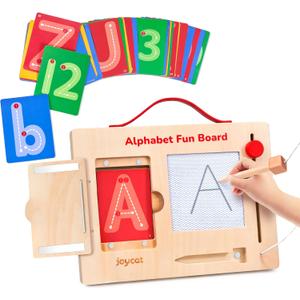 JoyCat Wooden Letter Tracing Board for Toddlers 3-5, Magnetic Alphabet & Number Writing Practice Board with 36 Double-Sided Cards, Reusable Preschool Handwriting Toy, Travel Learning Activity