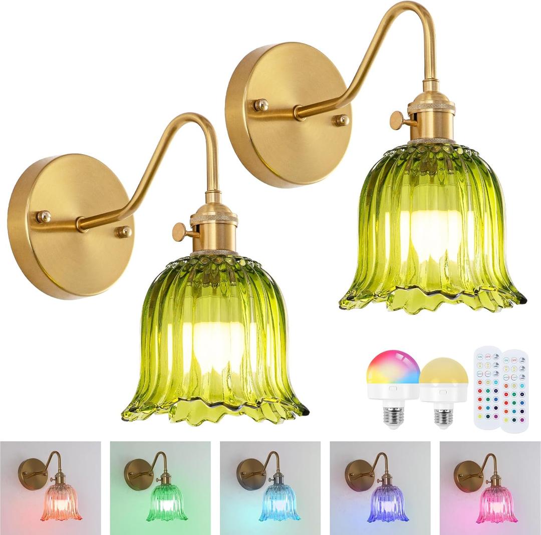 Vintage Battery Operated Wall Sconces Set of Two, RGB Dimmable LED Wall Light with Remote Control, Green Glass Lampshade Wall lamp with 15 Colors for Bedroom, Living Room, Home Decor