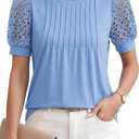 LUXVEER Women's Dressy Casual Blouses Puff Short Sleeve Lace Pleated Tops Business Work Shirts 2026 Trendy Summer T Shirt (Blue, S)