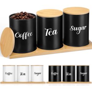 Coffee Tea Sugar Container Set with Tray, Set of 3 Airtight Metal Canister with Bamboo Lids, Farmhouse Kitchen Counter Organizer for Coffee Bar and Drink Station (Black)