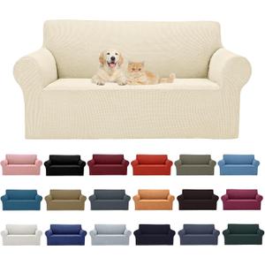 2025 New Stretch Loveseat Sofa Slipcovers Couch Cover for 2 Cushion Furniture Protector Sofa Covers with Elastic Bottom Jacquard Fabric Small Checks for Pets, Kids - Beige